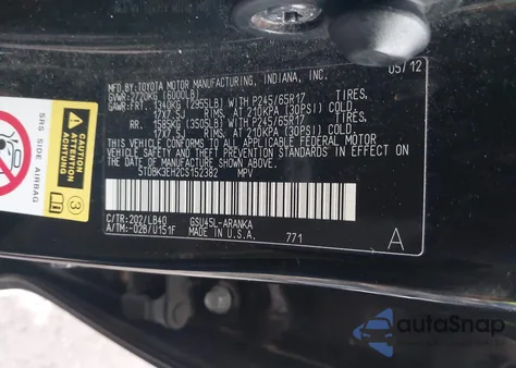 2012 Toyota Highlander Se V6 z USA, uszkodzony, nr VIN 5TDBK3EH2CS152382